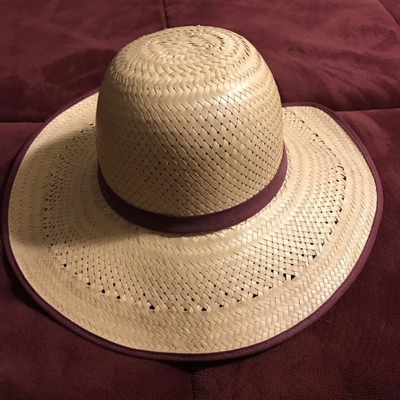 Sun Hat / Beach Hat - Natural straw with brown trim accent bow back pony split